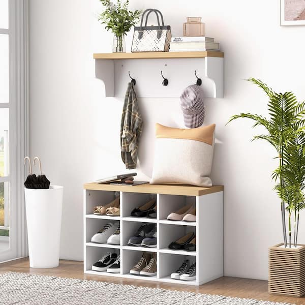 ✨ Hot Seller 9.75 in. H x 29.50 in. W White+Oak Wood 9 Pair Shoe Storage Cabinet with Hall Tree ✨