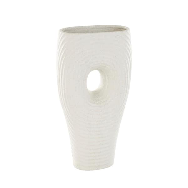 Litton Lane White Ribbed Cutout Ceramic Abstract Decorative Vase with Speckled Texturing
