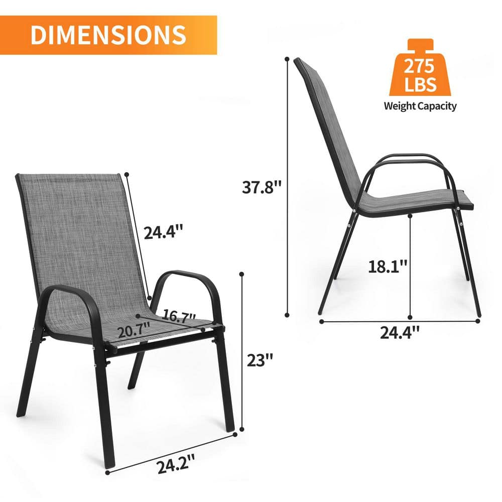 Gray Stackable Steel Frame Outdoor Dining Armchairs, Set of 4