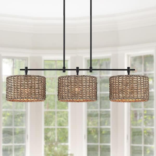 Elis 3-Light Black Farmhouse Linear Island Chandelier Light with Rattan Shades