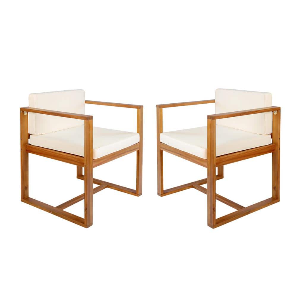 Outdoor Acacia Wood Dining Chair with Beige Cushion, for Patio Garden Backy