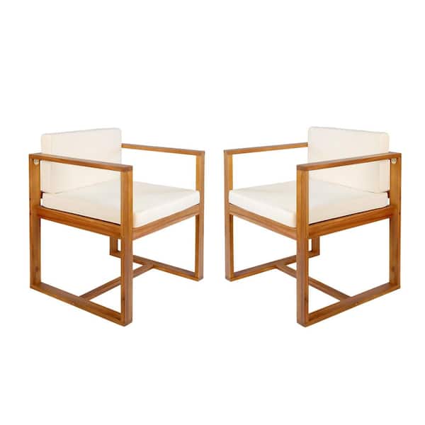 Unbranded Outdoor Acacia Wood Dining Chair with Beige Cushion, for Patio Garden Backyard, (Set of 2)