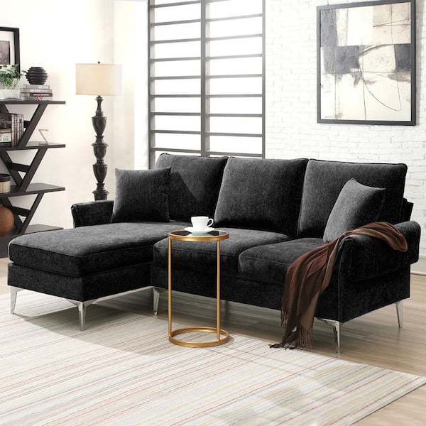 sumyeg 84 in. L-Shaped Convertible Chenille Sectional Sofa in. Black with Reversible Chaise Lounge