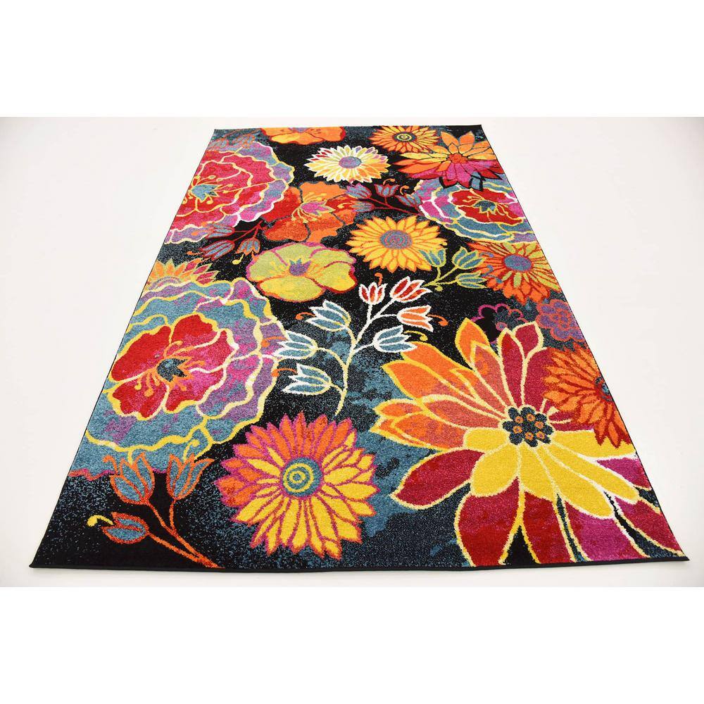 Black Floral Synthetic Rectangular Indoor Area Rug