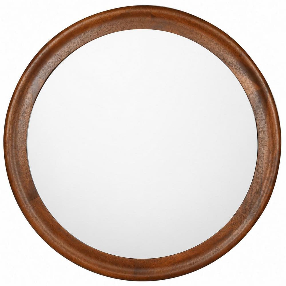 24 in. W x 24 in. H Round Walnut Brown Wood Framed Rustic Wall Mirror for Bathroom Bedroom Entryway