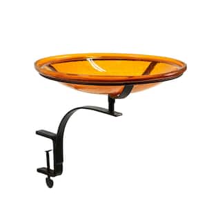 14 in. Dia Mandarin Orange Reflective Crackle Glass Birdbath Bowl with Rail Mount Bracket
