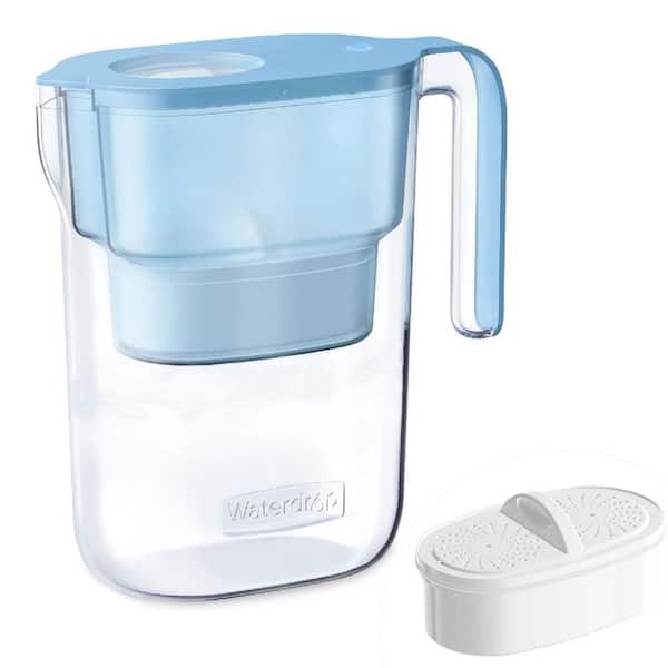 Water Filter Pitcher with 1 Plus 1 Filters, 5X Times Lifetime, Reduces PFOA/PFOS, Chlorine, 7-Cup Capacity, Blue