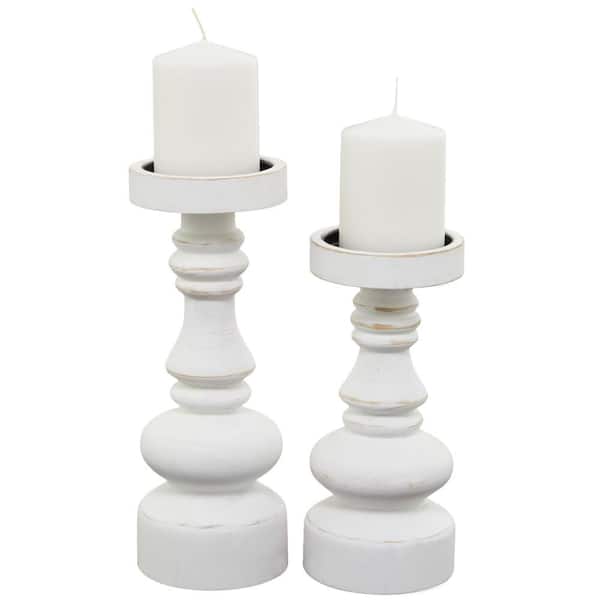 Litton Lane White Wood Turned Style Pillar Candle Holder (Set of 2)