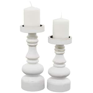 White Wood Turned Style Pillar Candle Holder (Set of 2)