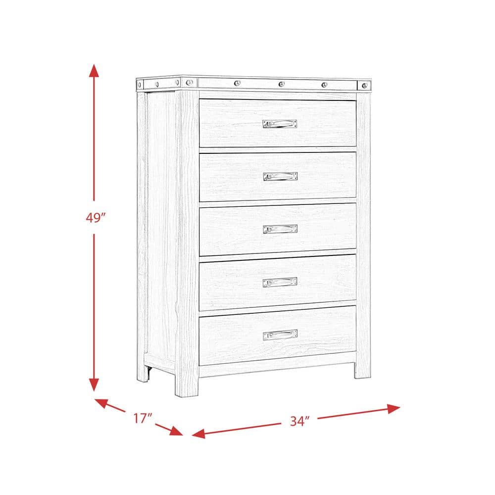 Gray Pine Transitional 5-Drawer Chest with Black Metal Trim