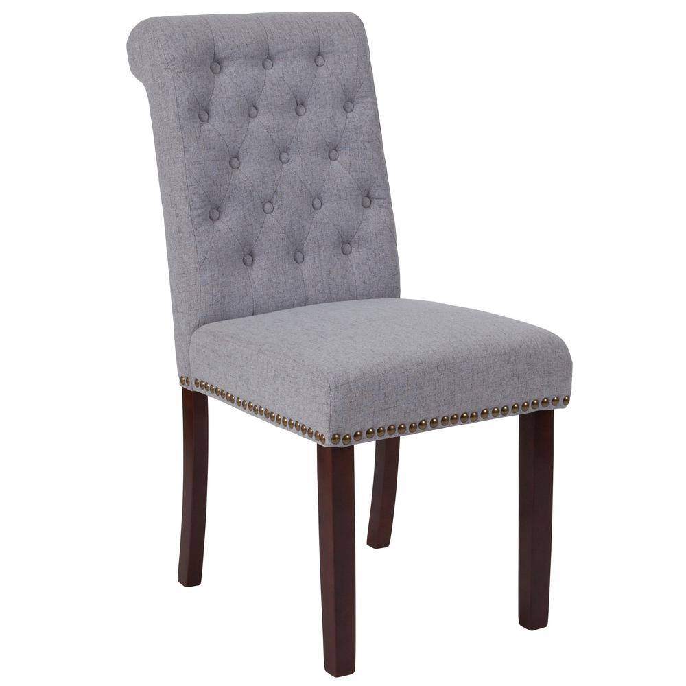High-Back Parsons Side Chair in Light Gray Leather & Walnut Wood