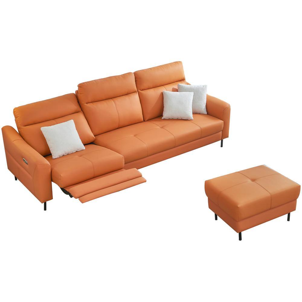 Zjoyee 100 in. Square Arm Genuine Leather Straight Reclining Sofa in Orange with Power Headrest