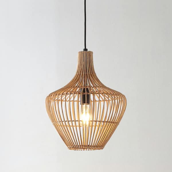 Lucas 13 in. 1-Light Farmhouse Coastal Rattan 180 in. Cord Plug-In or Hardwired LED Pendant, Brown