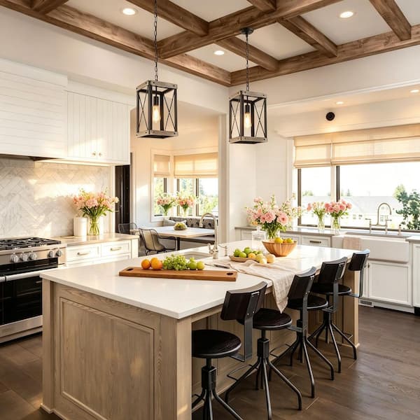 Farmhouse Black 1-Light 9.1 in. W Wood Cage Pendant Light Rustic Rectangle Kitchen Island Lantern Pendant Light