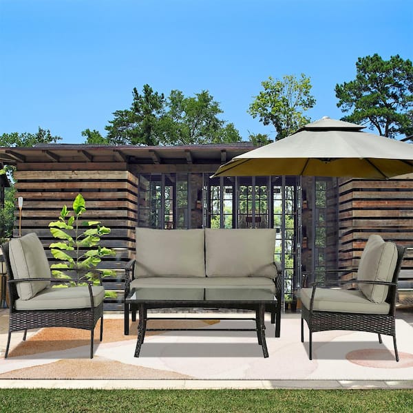 Cesicia Brown 4-Piece Wicker Outdoor Sectional Set with Khaki Cushions