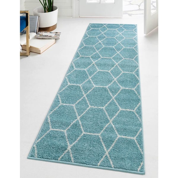 Trellis Frieze Light Blue/Ivory Blue 2 ft. x 6 ft. Geometric Runner Rug