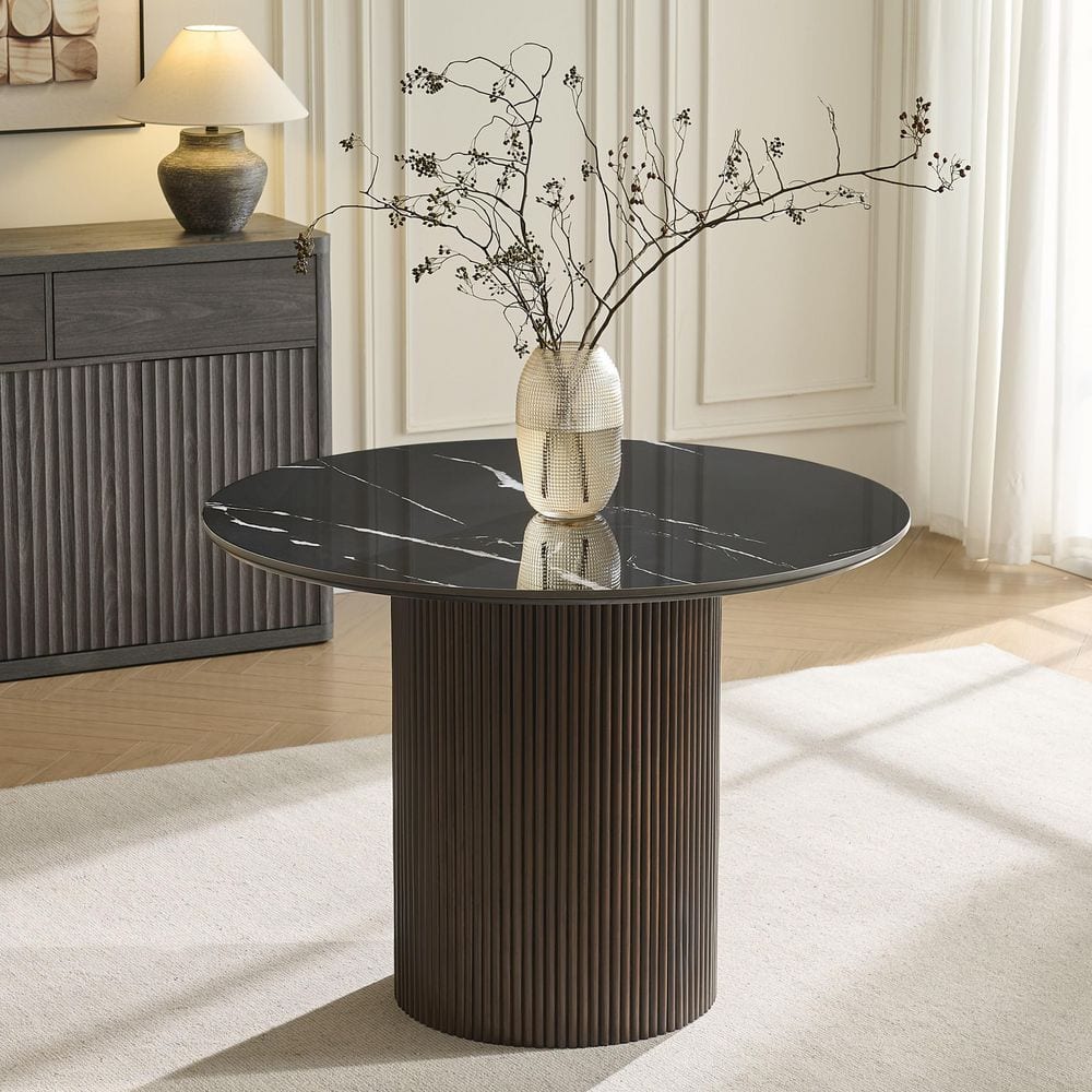 41.7" Sophisticated Black Marble Top Wood Pedestal Base Dining Table for Kitchen Dinner Room Sintered Stone Seats 4