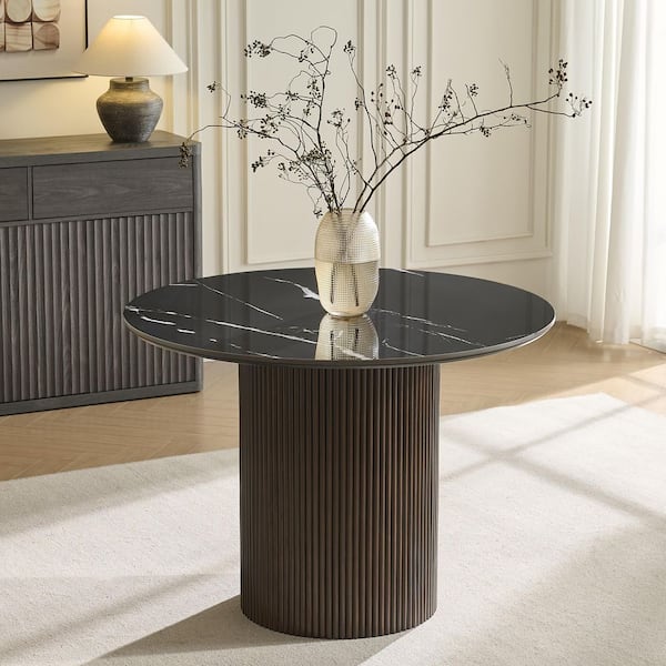 41.7" Sophisticated Black Marble Top Wood Pedestal Base Dining Table for Kitchen Dinner Room Sintered Stone Seats 4
