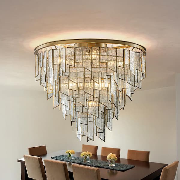 ALOA DECOR 9-Light 24 in. Luxury Water Ripple Glass Flush Mount Modern Painted Brass Frame Close to Ceiling for Dining Room