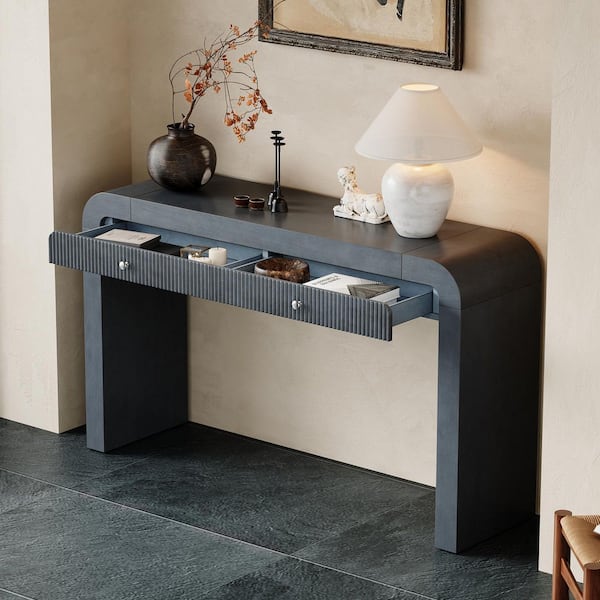 54.3 in. Dark Navy Rustic Entryway Rectangle Wood Console Table with Fluted Drawer Front, Thick Legs