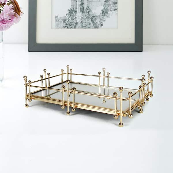 LIVING LUXURY Radiant 12 in. Gold Rectangle Metal Mirror Gold Decorative Tray