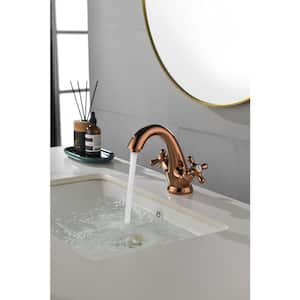 Antique Double Handle Single Hole Low Arc Bathroom Faucet with Cross Handle in Rose Gold