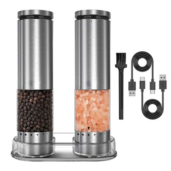 Rechargeable Electric Salt and Pepper Grinder Set with Adjustable Coarseness, LED Light, Clear Base, Ideal for Kitchen