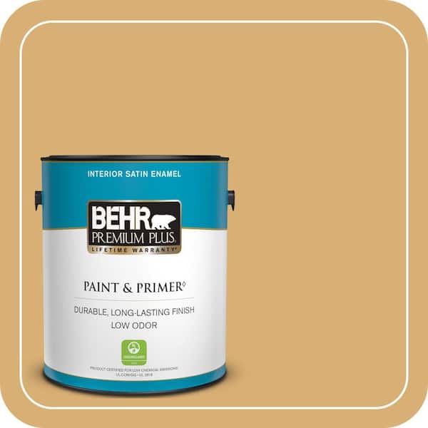 BEHR PREMIUM PLUS 1 gal. Home Decorators Collection #HDC-AC-08 Mustard Field Satin Enamel Low Odor Interior Paint & Primer