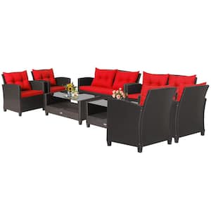 8 -Piece Patio Rattan Furniture Set Glass Table Shelf Sofa Cushion Red