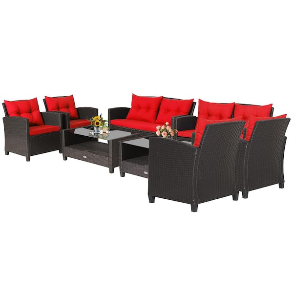 Costway 8 -Piece Patio Rattan Furniture Set Glass Table Shelf Sofa Cushion Red