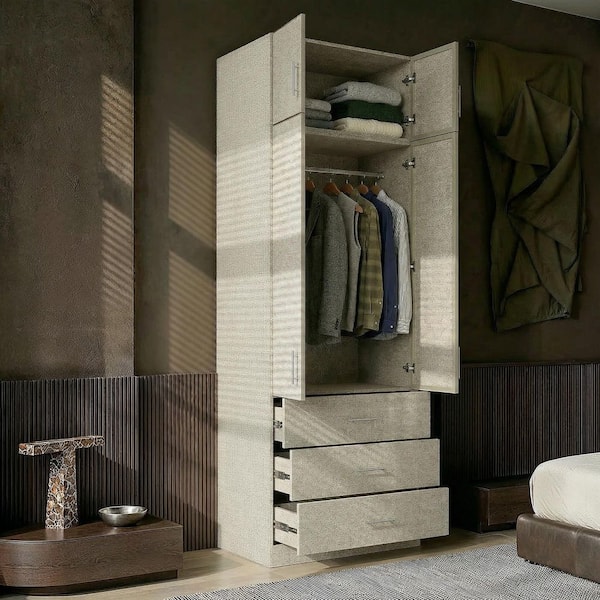 Cream Wood 31.5 in. Armoire with 3 Drawers, 2 Doors, Hanging Rod, Top Shelf Cabinet, Linen Finish for Bedroom Storage