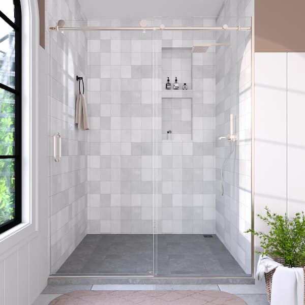 Hermitage Bath Brewo 60 in. W x 76 in. H Sliding Semi-Frameless Shower Door in Brushed Nickel Finish with Clear Glass