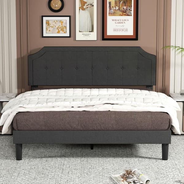 VECELO Queen Size Bed Frame with Headboard Upholstered Platform Bed with Sturdy Wood Slat Support Gray 60.03 in. W