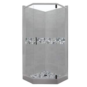 Newport Grand Hinged 32 in. x 36 in. x 80 in. Left-Cut Neo-Angle Shower Kit in Wet Cement and Black Pipe Hardware
