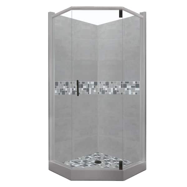 American Bath Factory Newport Grand Hinged 32 in. x 36 in. x 80 in. Left-Cut Neo-Angle Shower Kit in Wet Cement and Black Pipe Hardware