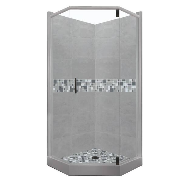 American Bath Factory Newport Grand Hinged 42 in. x 48 in. x 80 in. Left-Cut Neo-Angle Shower Kit in Wet Cement and Black Pipe Hardware