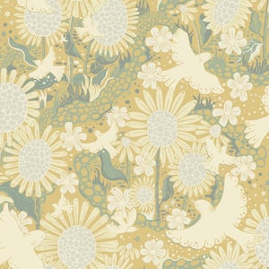 Yellow Drömma Butter Songbirds and Sunflowers Paper Non-Pasted Non-Woven Matte Wallpaper