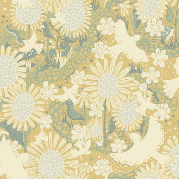 A-Street Prints Yellow Drömma Butter Songbirds and Sunflowers Wallpaper Sample