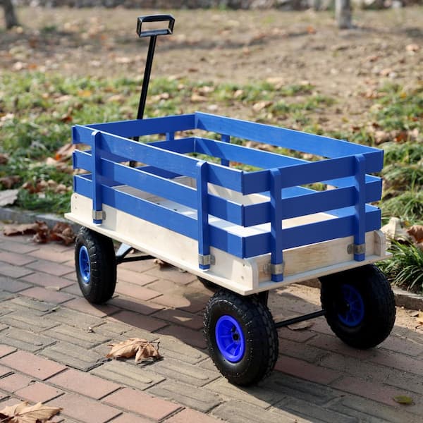 Flynama Blue Wooden Kids Pull Wagon with Removable Side Rails All