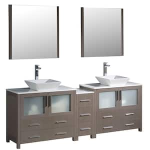 Torino 84 in. Double Vanity in Gray Oak with Glass Stone Vanity Top in White with White Basins and Mirrors