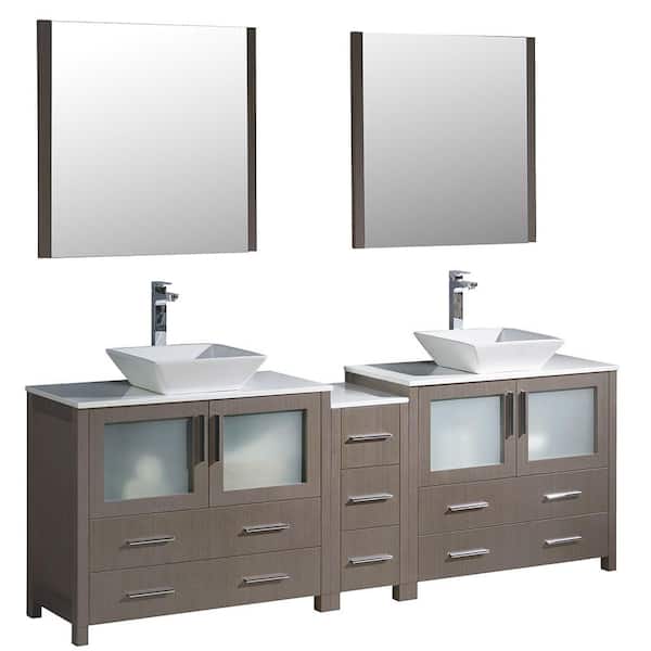 Fresca Torino 84 in. Double Vanity in Gray Oak with Glass Stone Vanity Top in White with White Basins and Mirrors