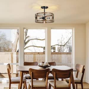 Gina Farmhouse 2-Light Semi-Flush Mount Ceiling Light with Faux Wood Accent Drum and Brushed Black Finish