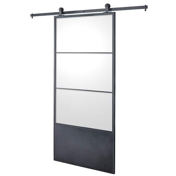 Unbranded 37 in. x 84 in. 3/4 Lite Concorde KD Clear Glass Black Metal Finish Sliding Barn Door with Hardware Kit