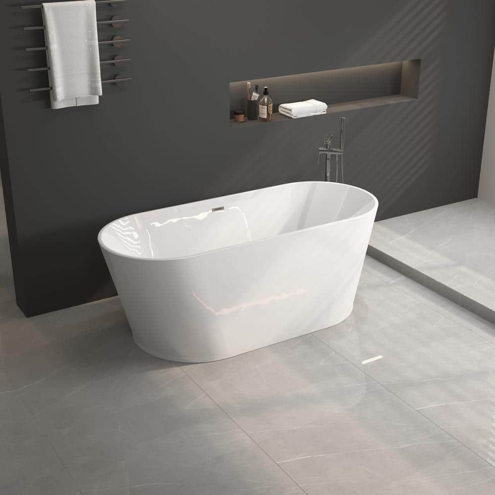 67'' Glossy White Acrylic Freestanding Oval Bathtub with Center Drain