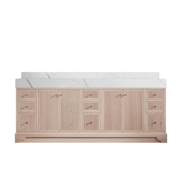 Manhattan Oak 84 in. W x 22 in. D x 36 in. H Double Sink Bath Vanity in White Oak with 5" Calacatta Laza Top