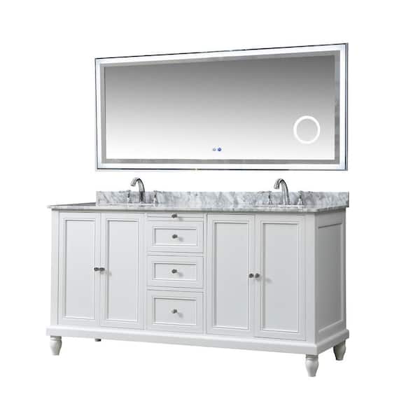 Direct vanity sink 70 in. W x 23 in. D x 36 in. H Double Sink Freestanding Bath Vanity in White with White Carrara Marble Top and Mirror