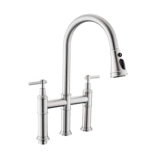 Double Handle Bridge Kitchen Faucet in Nickel