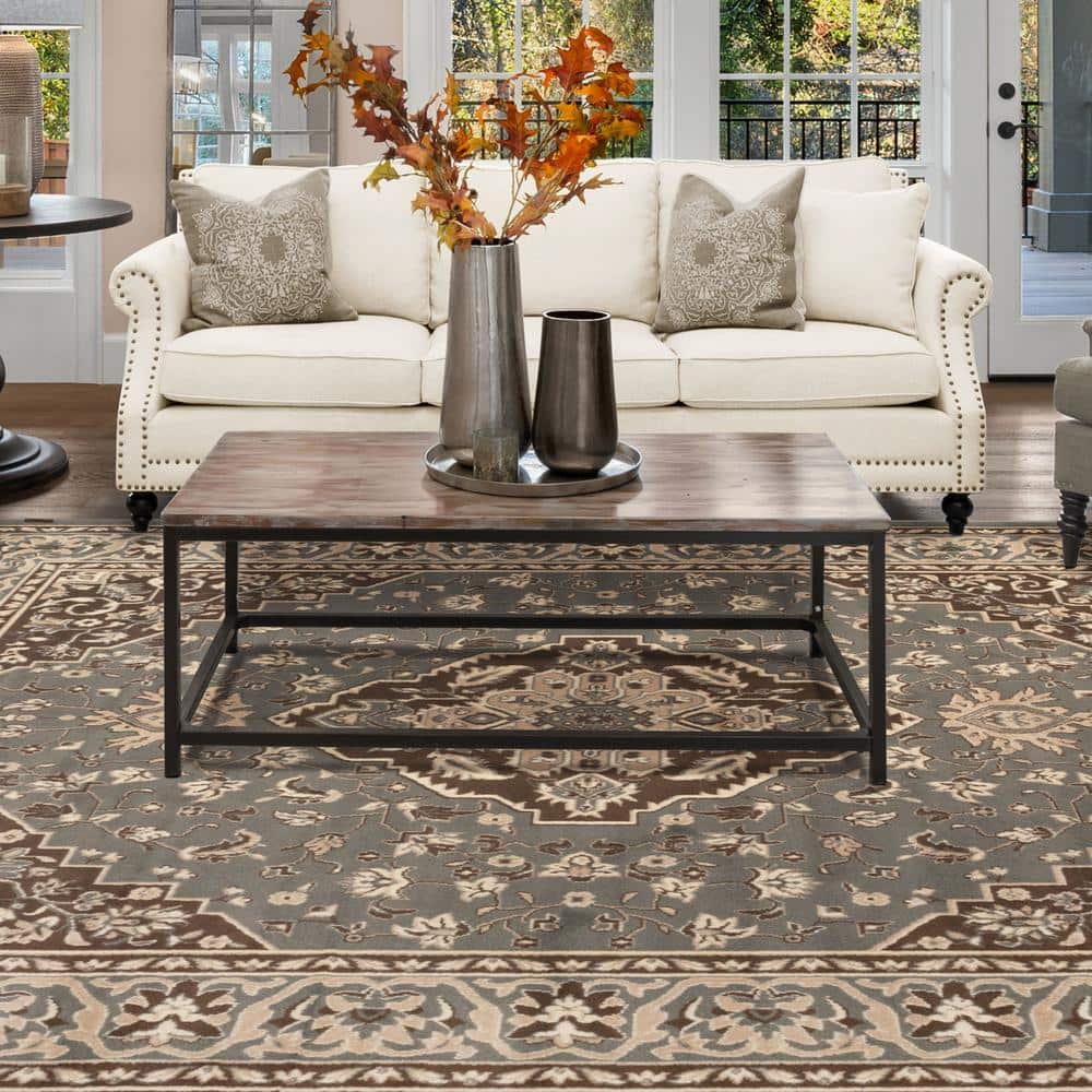 Elegant Gray Floral Medallion 7x9 ft Synthetic Area Rug