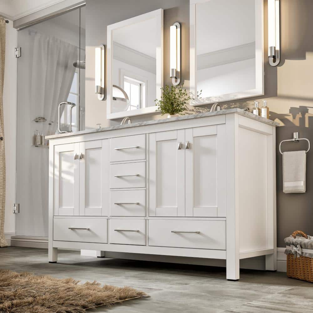Aberdeen White Double Sink Bathroom Vanity with Carrara Quartz Top