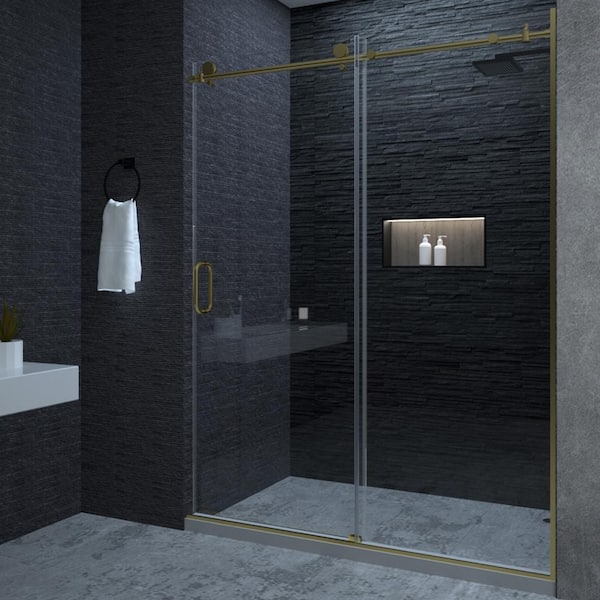 niveal Ruhr 60 in. W x 76 in. H Sliding Semi-Frameless Shower Door in Gold Finish with Clear Glass